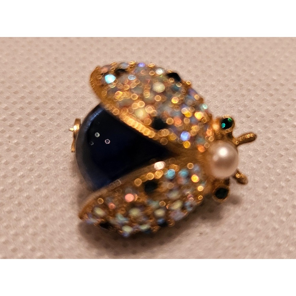 Sparkling Ladybug Brooch Pin Rhinestone Pearl Blue Gemstone Gold Tone - Picture 10 of 16